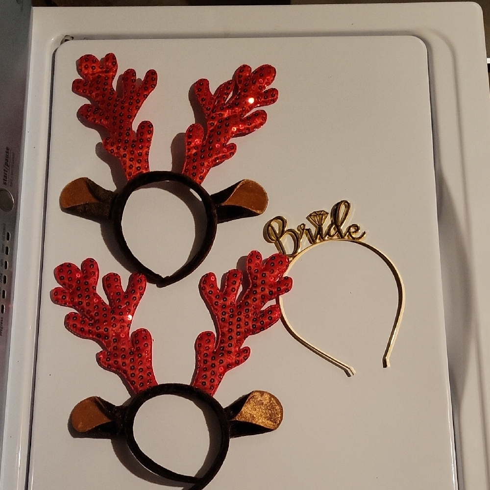 2 Red Reindeer Antler Headbands and Gold Bride Headband